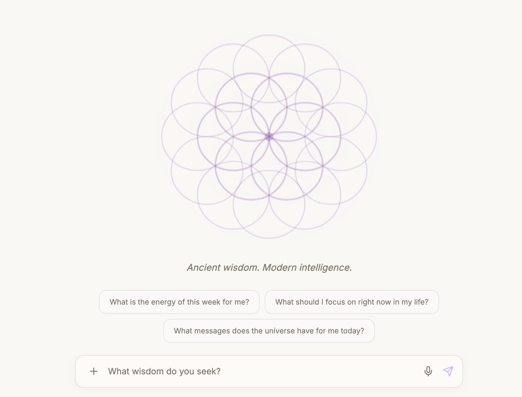 The MAX chat screen: suggested questions about your week and your focus, and a “What wisdom do you seek?” prompt
